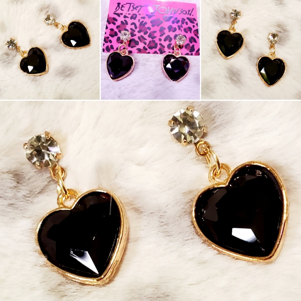 Gold Crystal black heart drop earrings